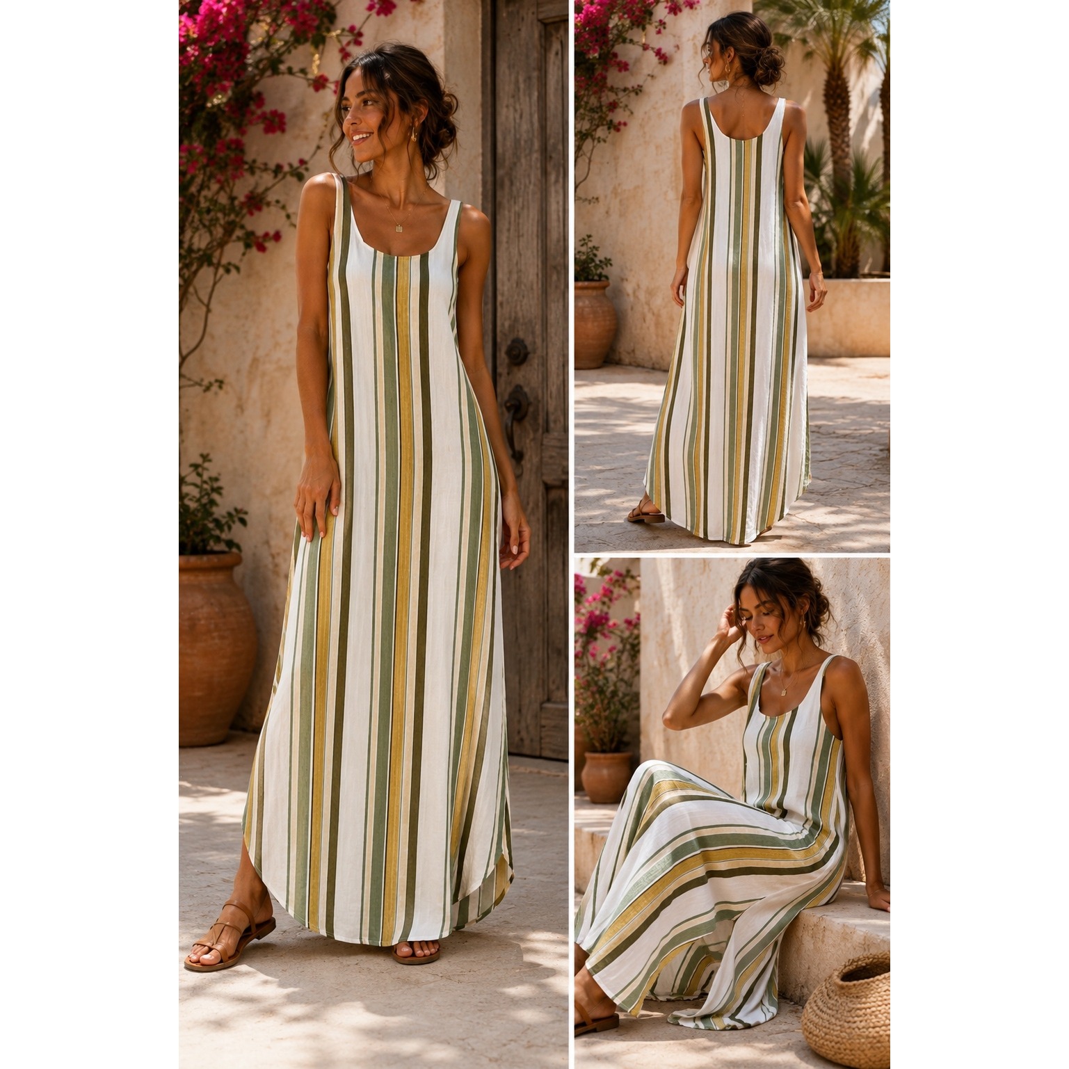 Zulu & Zephyr Striped Linen Maxi Dress Med Green Yellow White Beachy Neutral
